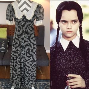 Wendsday Addams dress costume vintage long gothic black grey peasant dress